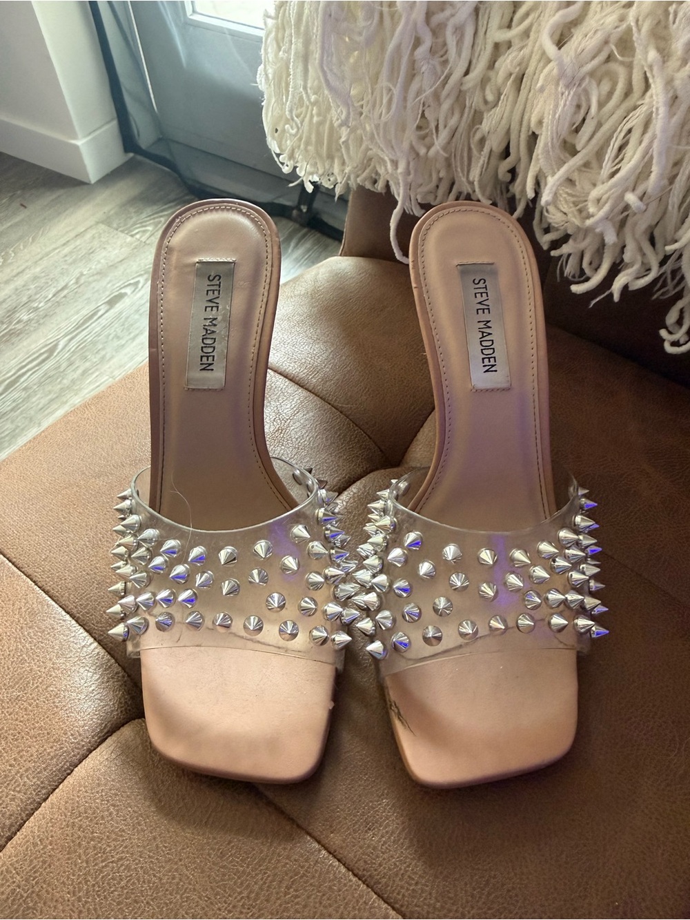 Steve Madden Nude Studded Clear Band Slide Mules